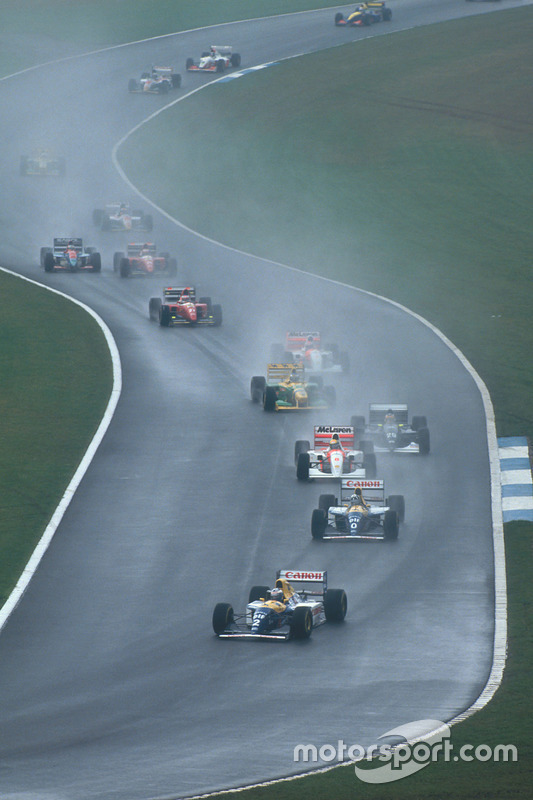 Alain Prost, Williams FW15C Renault leads Damon Hill, Williams FW15C Renault, Ayrton Senna, McLaren 