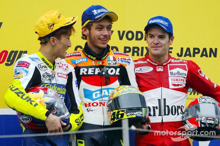 Podio: Valentino Rossi, Repsol Honda Team, Akira Ryo, Suzuki, y Carlos Checa, Yamaha Factory Racing