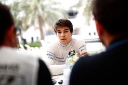 Lance Stroll, Williams, talks to the media