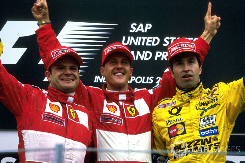 Podium: second place Rubens Barrichello, Ferrari, race winner Michael Schumacher, Ferrari, third place Heinz-Harald Frentzen, Jordan