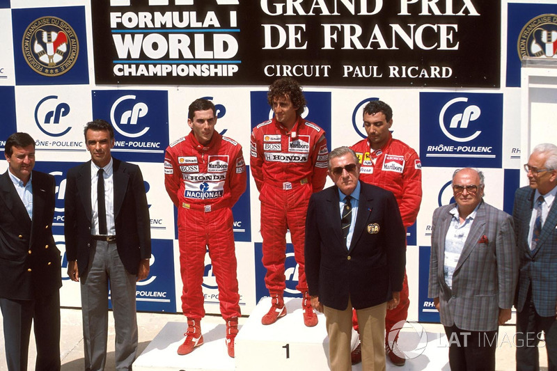 Podium : le vainqueur Alain Prost, McLaren, le second Ayrton Senna, McLaren, le troisième Michele Alboreto, Ferrari