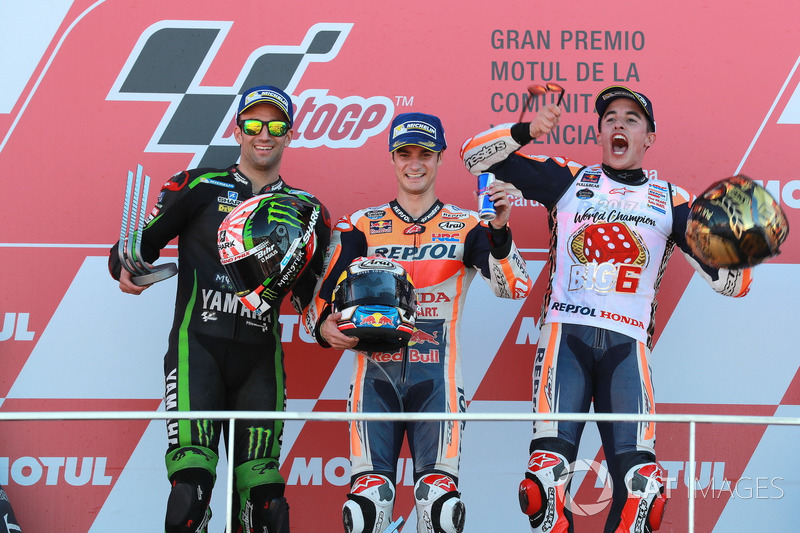 Podio: segundo lugar Johann Zarco, Monster Yamaha Tech 3, ganador de la carrera Dani Pedrosa, Repsol