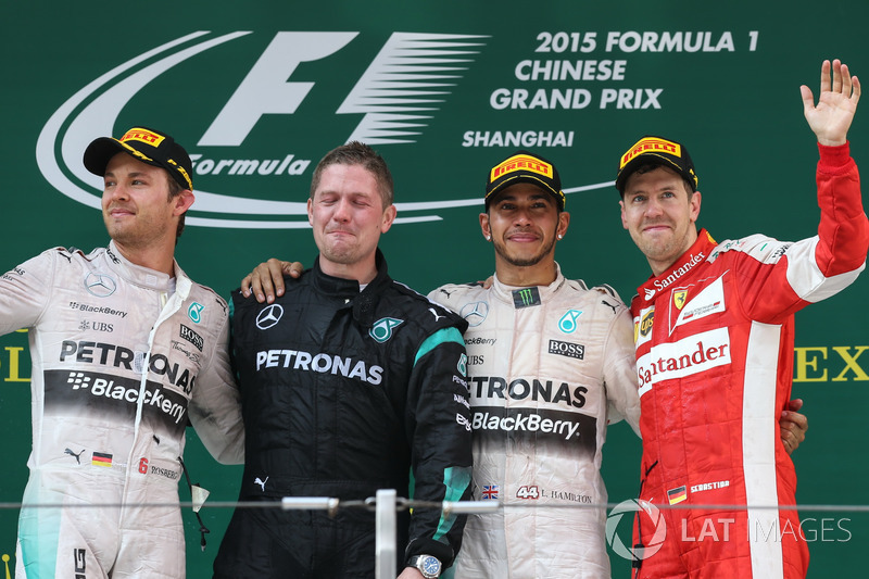 Podio: segundo puesto Nico Rosberg, Mercedes AMG F1, ganador de la carrera Lewis Hamilton, Mercedes AMG F1, tercer puesto Sebastian Vettel, Ferrari