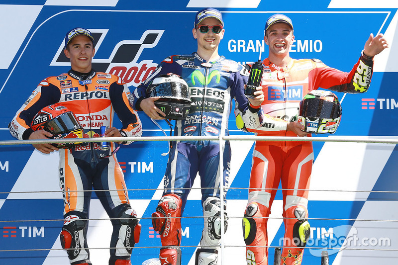 2016: 1. Jorge Lorenzo, 2. Marc Marquez, 3. Andrea Iannone