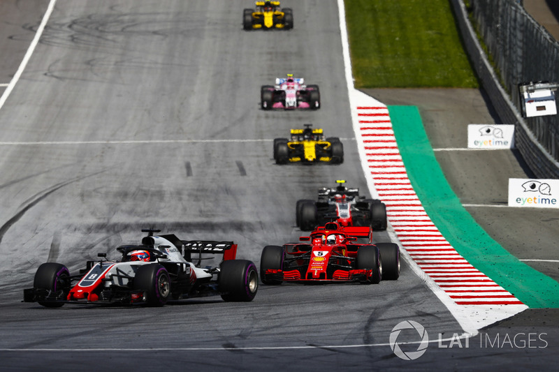 Romain Grosjean, Haas F1 Team VF-18, Sebastian Vettel, Ferrari SF71H, Kevin Magnussen, Haas F1 Team VF-18, Nico Hulkenberg, Renault Sport F1 Team R.S. 18