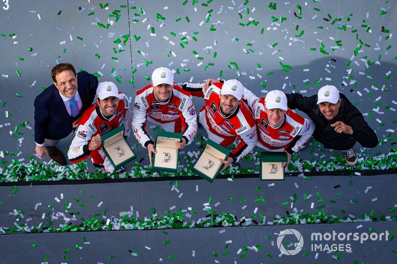 #48 Paul Miller Racing Lamborghini Huracan GT3: Bryan Sellers, Corey Lewis, Madison Snow, Andrea Caldarelli celebrate the victory