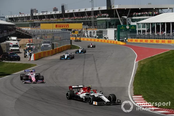Antonio Giovinazzi, Alfa Romeo Racing C38, Lance Stroll, Racing Point RP19, George Russell, Williams Racing FW42, y Robert Kubica, Williams FW42