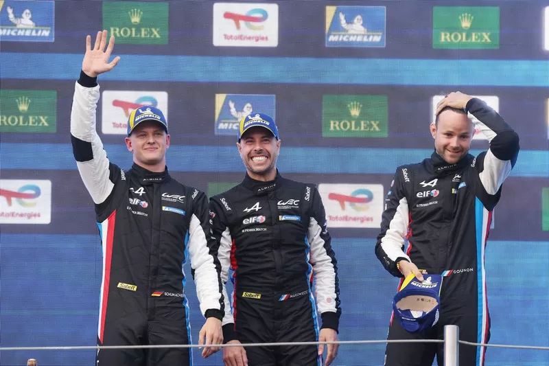 Podium : #36 Alpine Endurance Team Alpine A424 : Jules Gounon, Frederic Makowiecki, Mick Schumacher