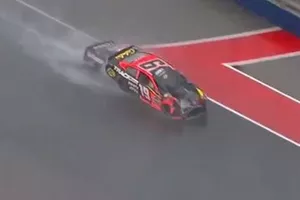 Cole Custer, Stewart-Haas Racing, Ford Mustang going underneath Martin Truex Jr., Joe Gibbs Racing, Toyota Camry, crash