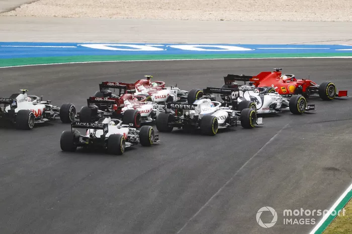 Sebastian Vettel, Ferrari SF1000, Daniil Kvyat, AlphaTauri AT01, Antonio Giovinazzi, Alfa Romeo Racing C39, George Russell, Williams FW43, Kimi Raikkonen, Alfa Romeo Racing C39, Kevin Magnussen, Haas VF-20, Romain Grosjean, Haas VF-20