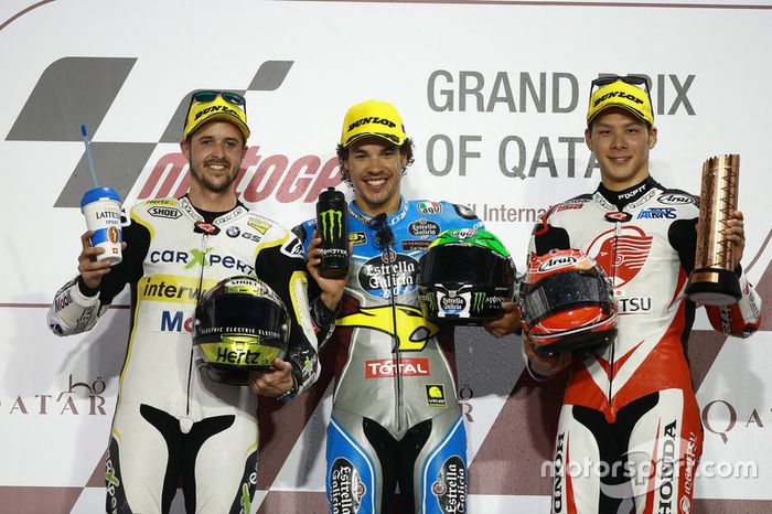 Podium; segundo, Thomas Luthi, CarXpert Interwetten; Race winner ranco Morbidelli, Marc VDS,; tercero, Takaaki Nakagami, Idemitsu Honda Team Asia