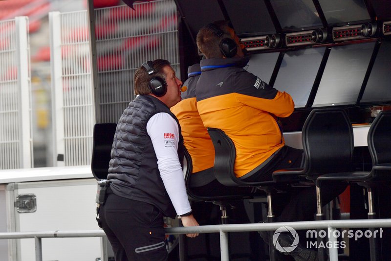 Zak Brown, McLaren Racing CEO on the pit wall gantry