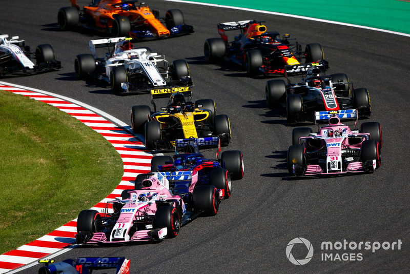 Sergio Perez, Racing Point Force India VJM11, Esteban Ocon, Racing Point Force India VJM11, Carlos Sainz Jr., Renault Sport F1 Team R.S. 18, Kevin Magnussen, Haas F1 Team VF-18, Daniel Ricciardo, Red Bull Racing RB14, Charles Leclerc, Sauber C37, Fernando Alonso, McLaren MCL33, y Lance Stroll, Williams FW41