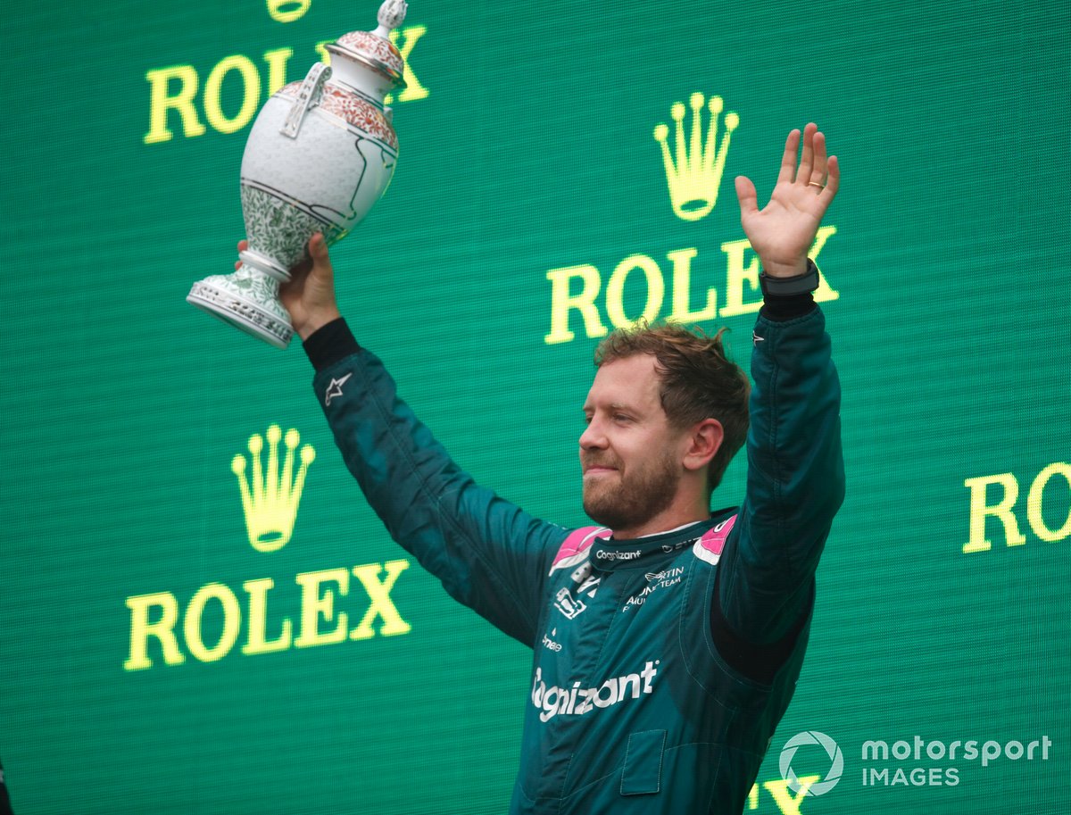 Sebastian Vettel, Aston Martin, 2nd position, with his trophy