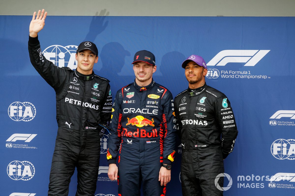 Top three Qualifiers George Russell, Mercedes-AMG, pole man Max Verstappen, Red Bull Racing, Lewis Hamilton, Mercedes-AMG