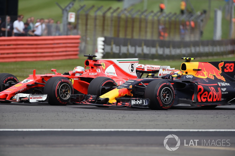 Sebastian Vettel, Ferrari SF70H en Max Verstappen, Red Bull Racing RB13