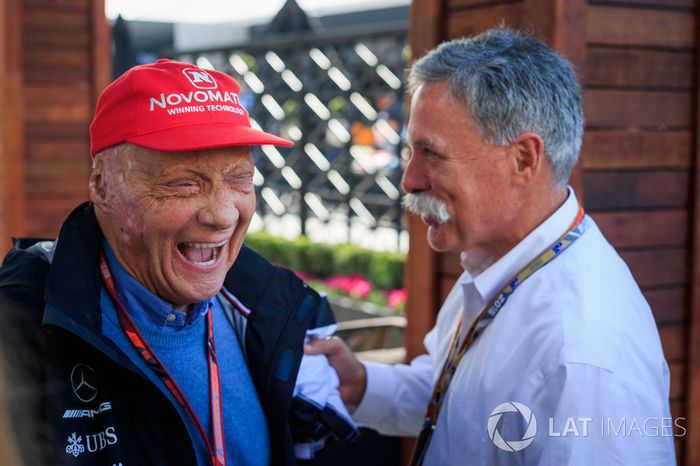 Niki Lauda, Mercedes AMG F1 Non-Executive Chairman and Chase Carey, Chief Executive Officer and Executive Chairman of the Formula One Group