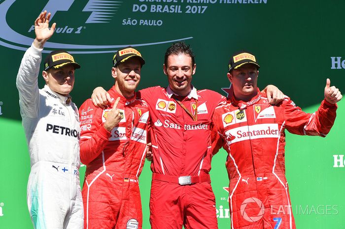 Podio: Ganador de la carrera Sebastian Vettel, Ferrari, segundo lugar Valtteri Bottas, Mercedes AMG F1, tercer lugar Kimi Raikkonen, Ferrari