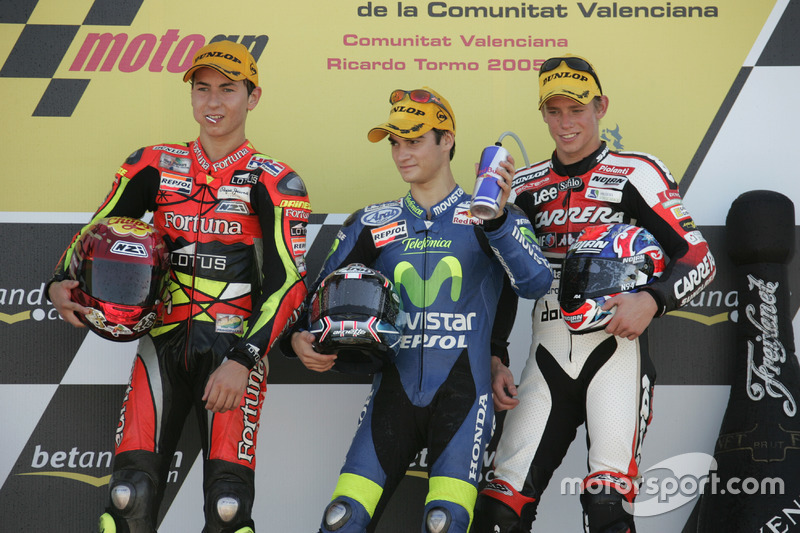 Podium : le vainqueur Dani Pedrosa, le deuxième Jorge Lorenzo et le troisième Casey Stoner