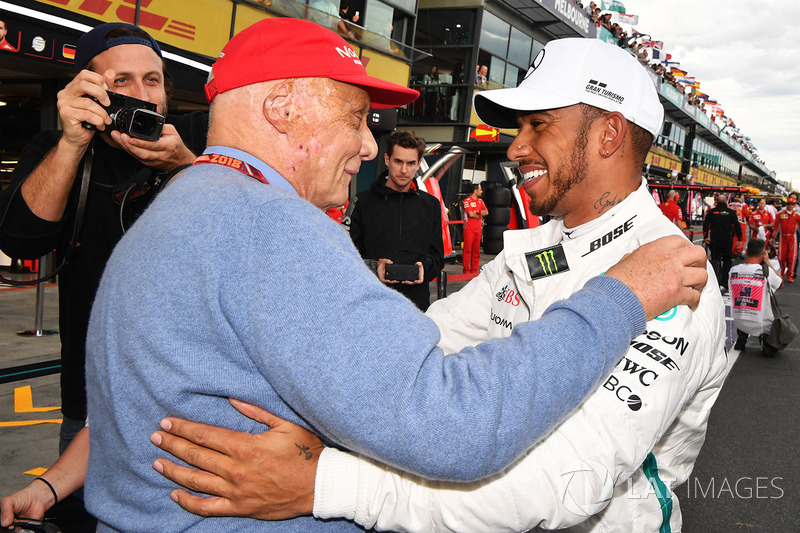 Pole sitter Lewis Hamilton, Mercedes-AMG F1 celebrates in parc ferme with Niki Lauda, Mercedes AMG F