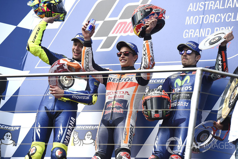 Podium: race winner Marc Marquez, Repsol Honda Team, second place Valentino Rossi, Yamaha Factory Ra