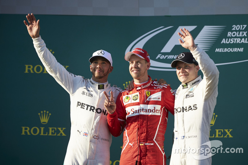 Lewis Hamilton, Mercedes AMG, 2nd Position, Sebastian Vettel, Ferrari, 1st Position, and Valtteri Bottas, Mercedes AMG, 3rd Position, on the podium