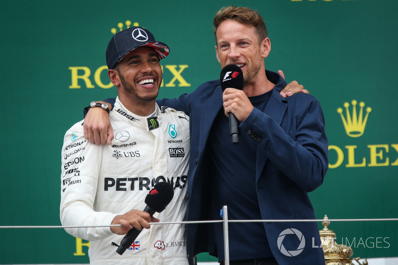 Lewis Hamilton, Mercedes AMG F1 and Jenson Button, McLaren on the podium