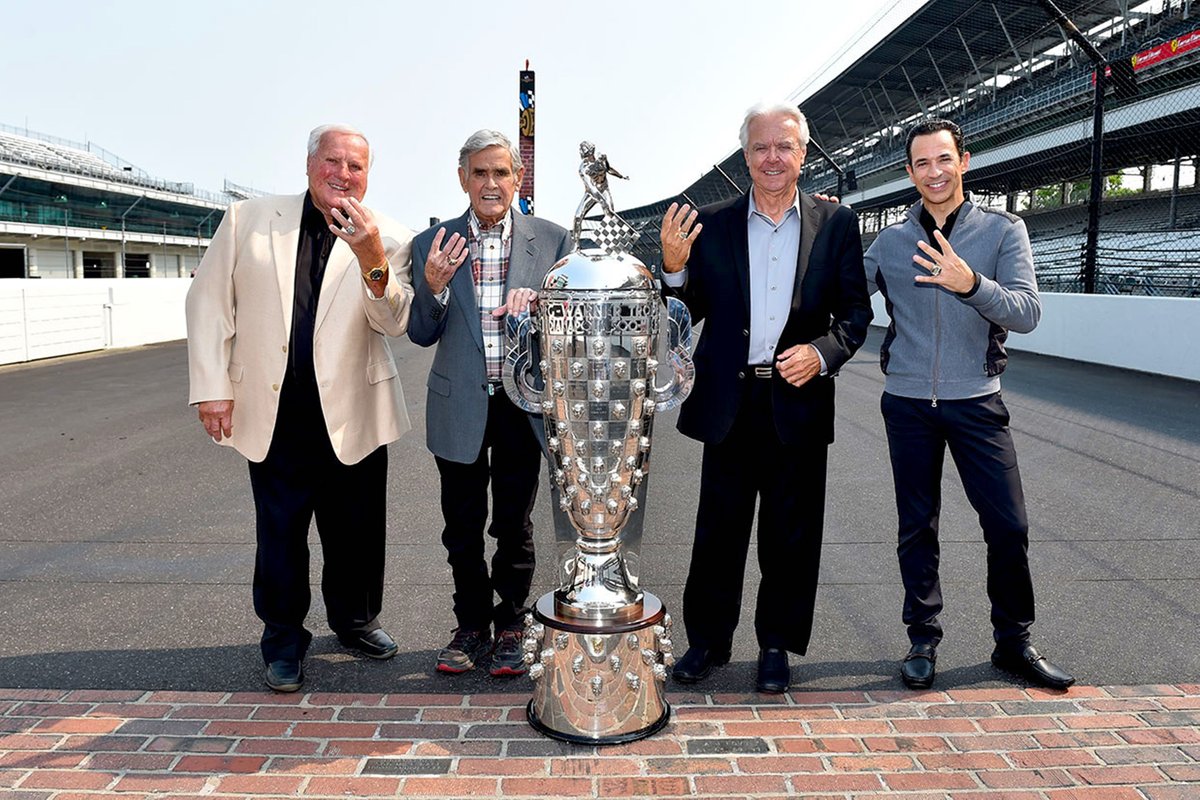 The four-time Indy 500 winners - AJ Foyt, Al Unser, Rick Mears, Helio Castroneves with the Borg-Warner Trophy.