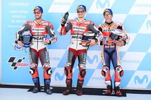 Les hommes de la première ligne : Andrea Dovizioso, Ducati Team, Jorge Lorenzo, Ducati Team, Marc Marquez, Repsol Honda Team