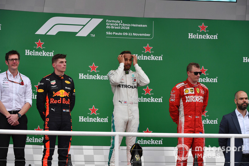 Brésil - Podium : Lewis Hamilton, Max Verstappen, Kimi Räikkönen