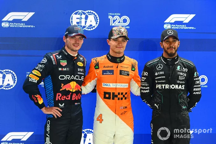 Los tres primeros de la clasificación: Pole Man Lando Norris, McLaren F1 Team, Max Verstappen, Red Bull Racing, Lewis Hamilton, Mercedes-AMG F1 Team 
