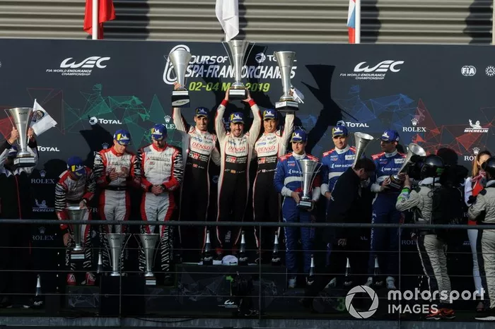 P1 Podio, #3 Rebellion Racing Rebellion R-13 - Gibson: Nathanael Berthon, Thomas Laurent, Gustavo Menezes, #8 Toyota Gazoo Racing Toyota TS050: Sébastien Buemi, Kazuki Nakajima, Fernando Alonso and #11 SMP Racing BR Engineering BR1: Mikhail Aleshin, Vitaly Petrov, Stoffel Vandoorne 