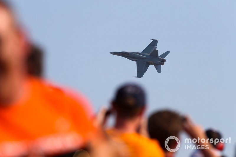 An F/A-18C Hornet of the Royal Australian Air Force displays for the crowd