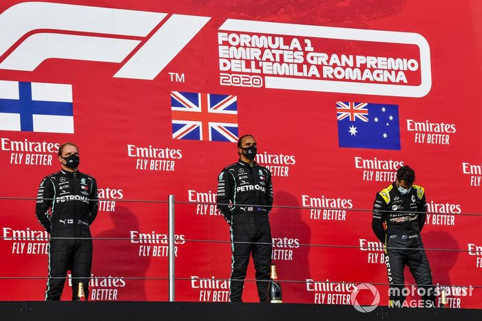 Podio: segundo lugar Valtteri Bottas, Mercedes-AMG F1, ganador de la carrera Lewis Hamilton, Mercedes-AMG F1 y tercer lugar Daniel Ricciardo, Renault F1