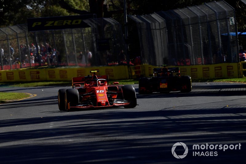 Charles Leclerc, Ferrari SF90, leads Pierre Gasly, Red Bull Racing RB15