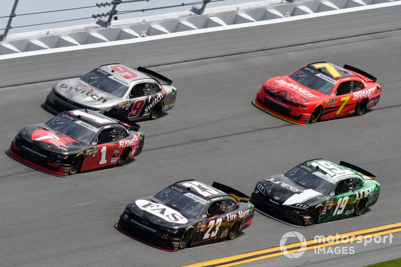 Michael Annett, JR Motorsports, Chevrolet Camaro Chevrolet Pilot Flying J / American Heart Association, John Hunter Nemechek, GMS Racing, Chevrolet Camaro Fire Alarm Services, INC, Noah Gragson, JR Motorsports, Chevrolet Camaro Switch, Brandon Jones, Joe Gibbs Racing, Toyota Supra Juniper, Justin Allgaier, JR Motorsports, Chevrolet Camaro BRANDT Professional Agriculture