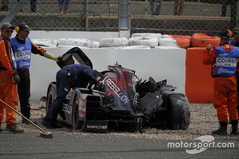 The car of #1 Rebellion Racing Rebellion R-13: Andre Lotterer, Neel Jani, Bruno Senna after the crash