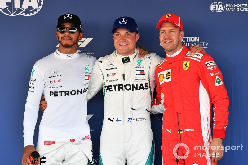 Sıralama turları ilk 3 üç, Lewis Hamilton, Mercedes AMG F1, Pole Valtteri Bottas, Mercedes AMG F1, and Sebastian Vettel, Ferrari