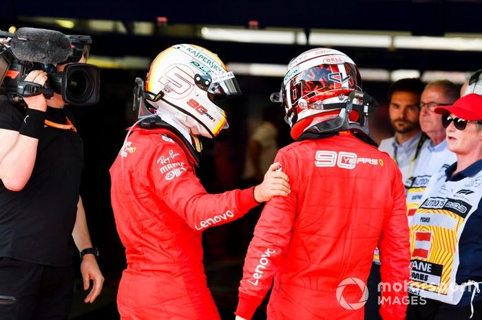 Sebastian Vettel, Ferrari y Charles Leclerc, Ferrari en Parc Ferme 