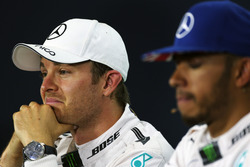 Nico Rosberg Mercedes AMG F1 and team mate Lewis Hamilton Mercedes AMG F1 in the FIA Press Conferenc