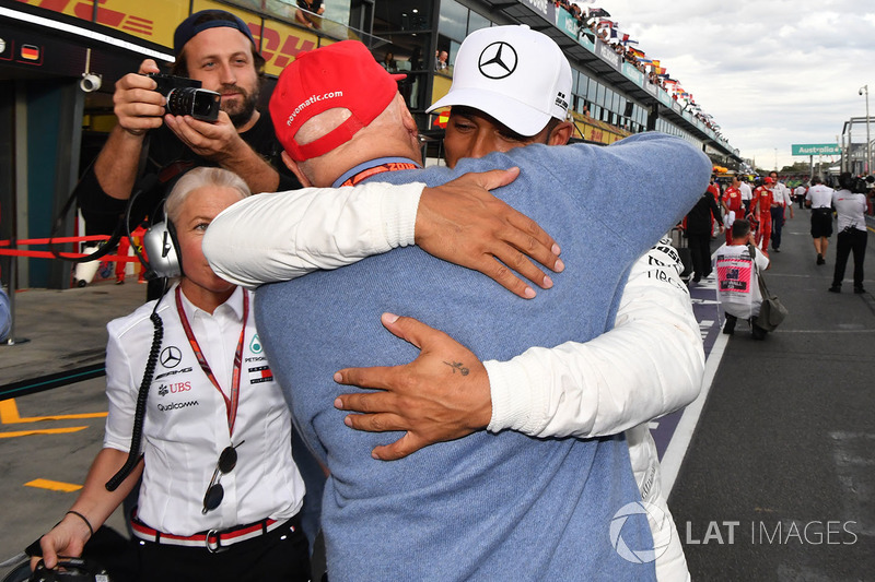 Pole sitter Lewis Hamilton, Mercedes-AMG F1 celebrates in parc ferme with Niki Lauda, Mercedes AMG F