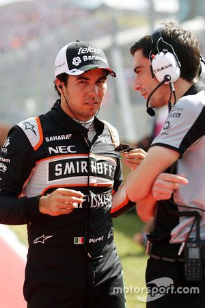 Sergio Perez, Sahara Force India F1 with Tim Wright, Sahara Force India F1 Team Race Engineer on the