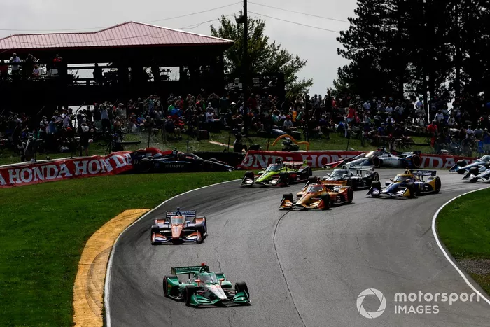 Colton Herta, Andretti Harding Steinbrenner Autosport Honda líder al inicio, Felix Rosenqvist, Chip Ganassi Racing Honda, Alex Palou,  Dale Coyne Racing with Team Goh Honda, Marco Andretti, Andretti Herta with Marco & Curb-Agajanian Honda chocan