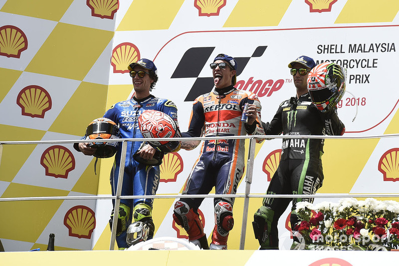 Podio: ganador de la carrera Marc Marquez, Repsol Honda Team, segundo clasificado Alex Rins, Team Suzuki MotoGP, tercer clasificado Johann Zarco, Monster Yamaha Tech 3
