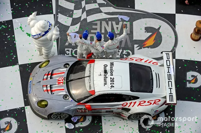 GTLM class winner in Victory Lane.
#911, Porsche, 911 RSR, GTLM, Nick Tandy, Richard Lietz, Patrick Pilet