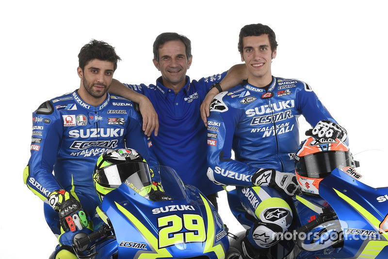 Andrea Iannone, Alex Rins et Davide Brivio, Team Manager, Team Suzuki Ecstar MotoGP