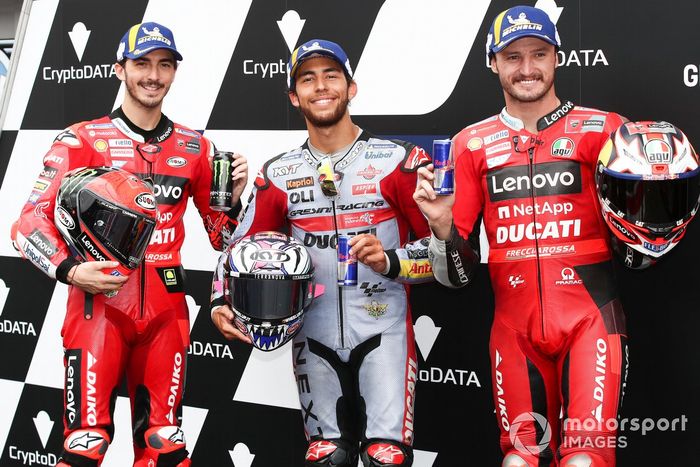 Ganador de la pole Enea Bastianini, Gresini Racing, Francesco Bagnaia, Ducati Team, Jack Miller, Ducati Team