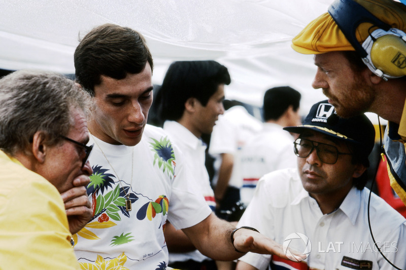 Ayrton Senna, Lotus, mit Gerard Ducarouge, Osamu Goto, Steve Hallam