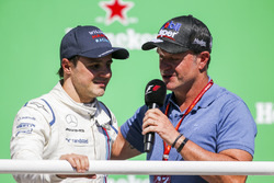 Rubens Barrichello interviews Felipe Massa, Williams, on the podium