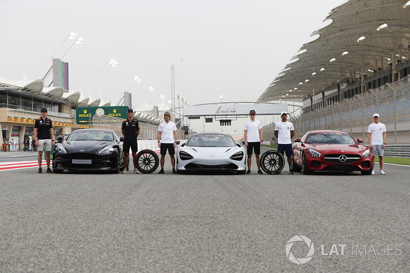 Max Verstappen, Red Bull Racing, Daniel Ricciardo, Red Bull Racing, with the Aston Martin Vanquish S. Fernando Alonso, McLaren, and Stoffel Vandoorne, McLaren, with the McLaren 720s. Lewis Hamilton, Mercedes AMG F1, and Valtteri Bottas, Mercedes AMG F1, with the Mercedes AMG GTR, on grid for the Pirelli Hot Laps